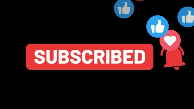 Animated subscribe button for social media channels in a dynamic motion graphic video clip, transitioning from an unclicked state to a clicked "subscribed" status with an activating notification bell 