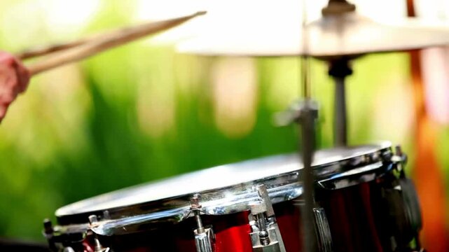 Band on stage. Drummer with drums set on scene playing music in studio Music show. Bright scene lighting hobbies, lifestyle background lifestyle HD
