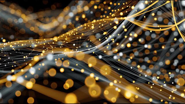 Futuristic Golden Data Wave and Connected Network Particles Grid Background.