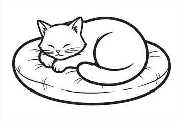 A serene black and white illustration of a sleeping cat curled up on a plush cushion