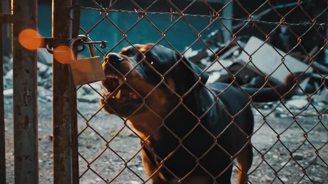 Rottweiler dog barks aggressively behind a chain-link fence. It snarls, protecting an abandoned area at dusk. Dramatic warm light highlights the menacing canine.