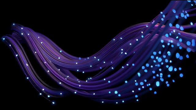 Abstract Purple Fiber Optic Cables with Glowing Data Particles on Dark Background.