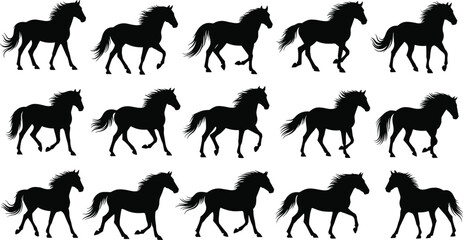 Black horse silhouettes walking and trotting sequence, three rows showing equestrian biomechanics, motion study frames and dynamic animal movement design