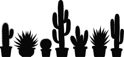 Fototapeta premium Black cactus and succulent silhouettes in pots, seven variations showing botanical diversity, plant forms, spiky textures and decorative garden design