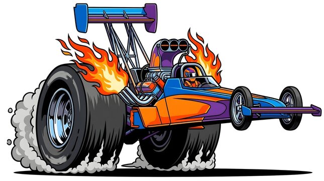 Colorful drag racing car with flames burnout cartoon illustration