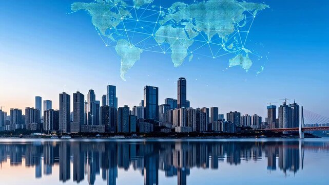 City skyline with digital world map overlay