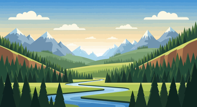 Vibrant Mountain Landscape with Winding River and Forest