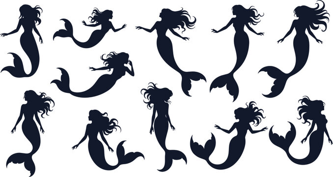 Black mermaid silhouettes in graceful poses, eleven variations showing fantasy aquatic figures, flowing hair, distinct tails and artistic mythical design Black  