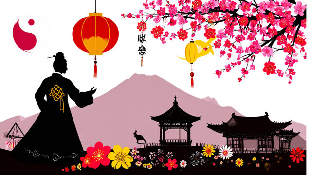 Korean Culture and Traditional Symbols Silhouette Icons Set. Hanbok Dress, Knot Ornaments, and Floral Patterns Graphics