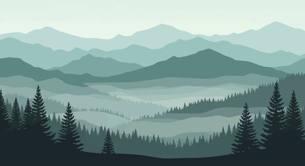 Fototapeta premium Misty Mountain Range Landscape with Evergreen Forest