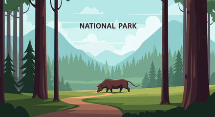 National Park Landscape with Rhino Walking on Path © fardo