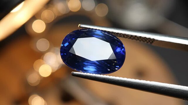 Oval blue sapphire gemstone held in tweezers. Brilliant facets sparkle under warm light. A close-up of a precious jewel.