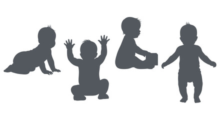 Four young children in various poses depicted as a striking black graphic silhouette high quality professional