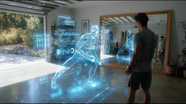 Man Exercising at Home with Futuristic Holographic AI Personal Trainer in Digital Garage Gym.