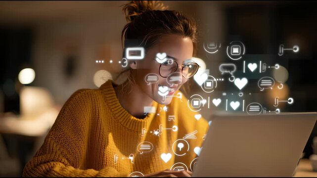 Young Woman Smiling at Laptop with Floating Social Media Icons.