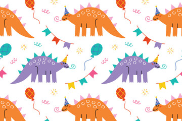 Funny birthday stegosaurus seamless pattern with party hats, balloons, garlands and whistles. Cheerful cartoon dinosaurs for kids, celebration wrapping paper and greeting card vector illustration © Elena