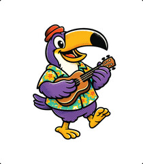 Fototapeta premium Funny Retro Toucan Bird Playing Ukulele Tropical T-shirt Design Illustration