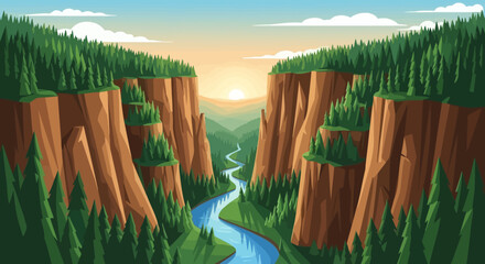 Scenic Canyon Landscape with River and Forest at Sunrise © fardo