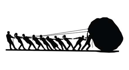 A determined group of people powerfully pulling a large boulder in a striking silhouette high quality © Kuntol02