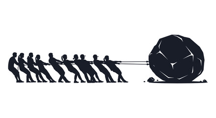 Teamwork in action a group pulls a large boulder with determined effort a striking silhouette © Kuntol02