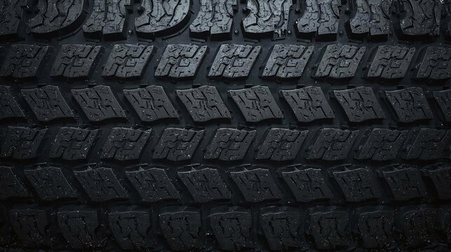 Close-up of wet tire tread pattern with water droplets, automotive detail