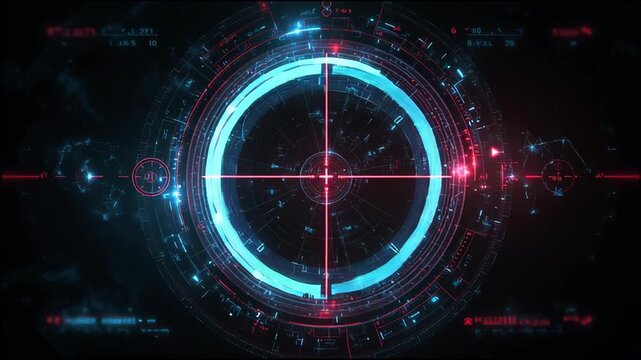 Futuristic Red and Blue HUD Targeting Interface with Glowing Circular Scanning Elements on Dark Background.