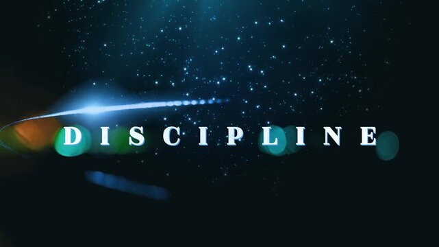 Dynamic animated digital text spelling out the word 'DISCIPLINE' emerges with ethereal blue sparkling particle effects and gracefully flowing light trails across a deep dark abstract background, conve