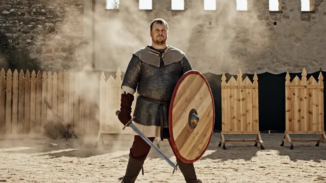 Medieval warrior with sword and shield stands in dusty castle courtyard for historical reenactment. He wears chainmail armor.