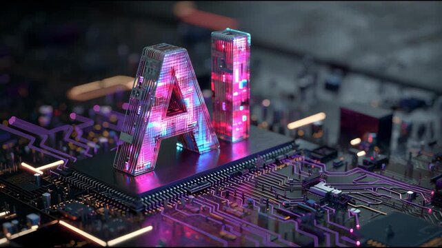 Futuristic 3D AI (Artificial Intelligence) Letters on Digital Circuit Board with Glowing Neon Pink and Blue Circuit Background.
