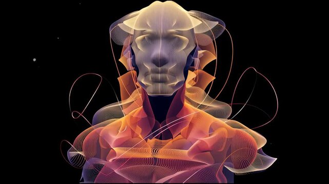 Abstract Digital Human Profile with Flowing Energy Lines on Dark Background.