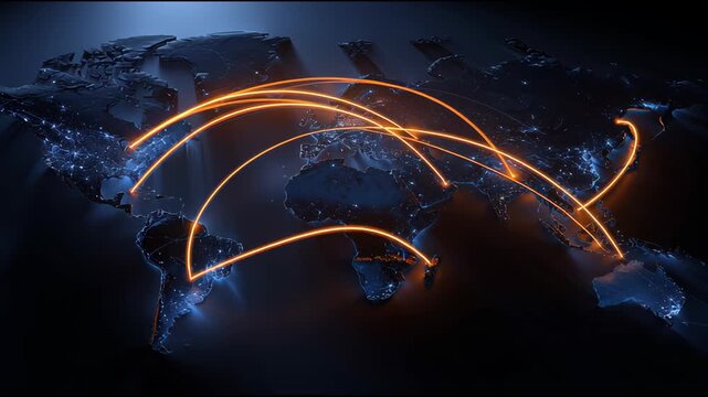 Digital World Map with Glowing Orange Arcs Showing Global Data Transmission and Internet Connectivity.