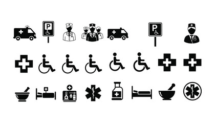 Black and white medical icons depicting healthcare accessibility and emergency services