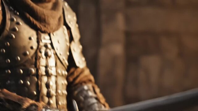 A medieval warrior sharpens his sword on a whetstone. Sparks fly from the blade. He wears intricate plate armor, preparing for battle with a serious expression.