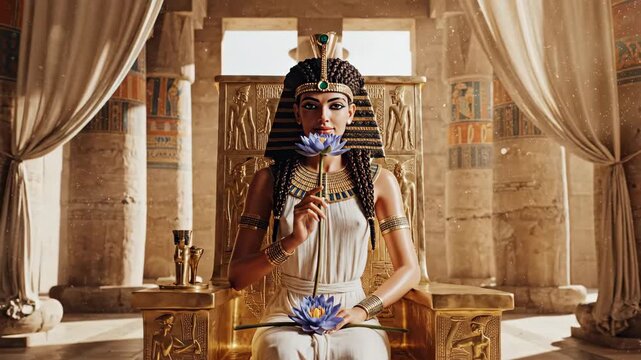 Egyptian queen sits regally on a golden throne in an ancient temple. She holds a blue lotus flower, adorned with elaborate headdress and gold jewelry.