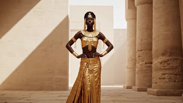 Regal Black woman in opulent golden attire poses confidently in an ancient Egyptian temple. She embodies power, royalty, and historical elegance.