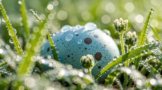 A speckled robin egg gently rests in vibrant green grass. Glistening dew drops cover the blades in bright morning light. A symbol of new beginnings.