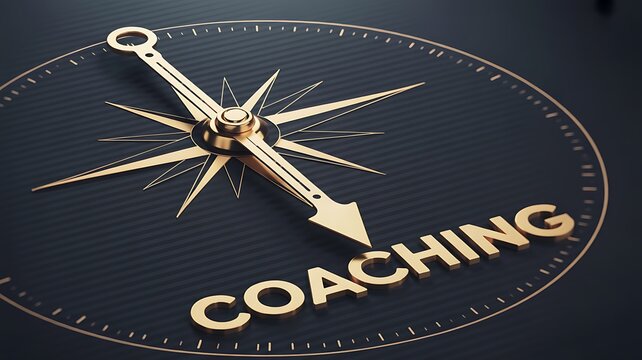 Golden compass with COACHING text on black background