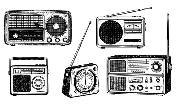 Vintage retro radio hand drawn sketch old broadcast receiver vector set