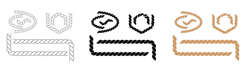 Nautical rope frames and borders vector set. Twisted marine rope knot decorative design elements. © Fayej