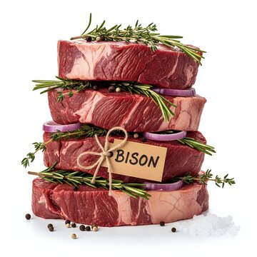 Bison steak stack composition, butcher shop style arrangement, isolated white background