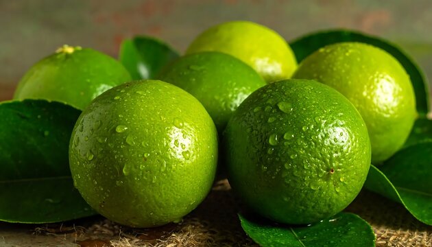 A close-up photograph of several green oranges with water droplets