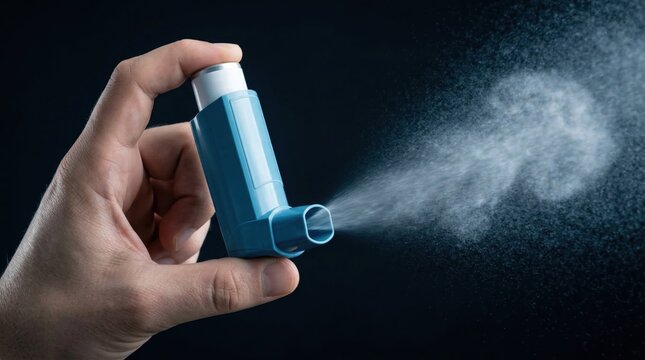 Blue asthma inhaler being used by a person to release a medicinal spray mist on a dark background for pharmaceutical product education and respiratory healthcare
