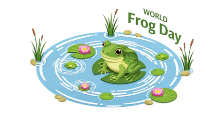 Illustration of a green frog sitting on a lily pad in a pond with flowers and cattails on World Frog Day, promoting amphibian conservation awareness. © Cintarsih