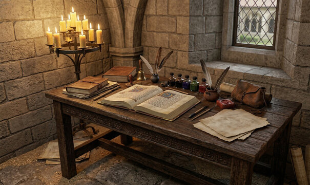 Medieval Monk's Scriptorium Oak Desk with Illuminated Manuscript