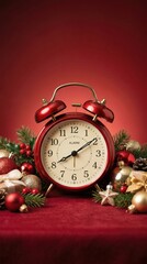 Red Vintage Alarm Clock and Christmas Ornaments on Festive Background with Copy Space, Perfect for Holiday Season Sales, New Year Countdown, and Promotional Marketing