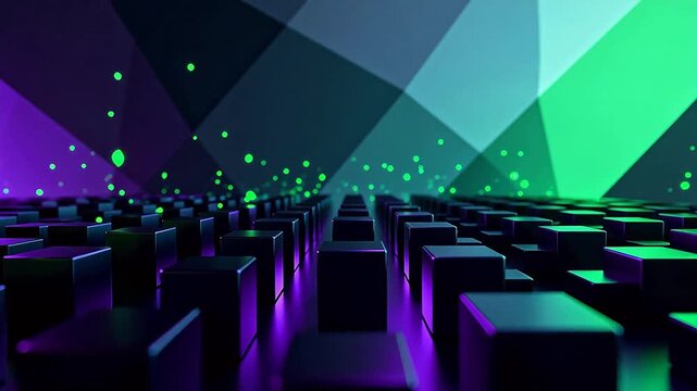Rows of glowing cubes in a geometric space
