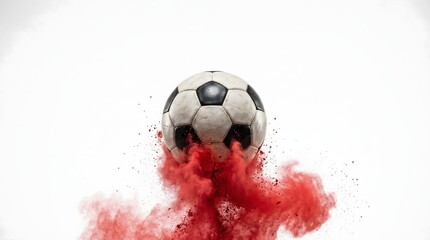 Naklejka premium Soccer ball with vibrant red powder explosion rising from below. Dynamic football energy concept for sports posters, banners and tournament promotion.
