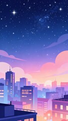 Naklejka premium Starry night cityscape with glowing buildings and colorful sky