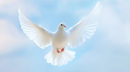 Obraz premium White Dove Flying in Blue Sky with Clouds, Symbol of Peace & Freedom, Graceful Bird with Outstretched Wings & Soft Feathers, Serene Nature Wildlife Flight Scene