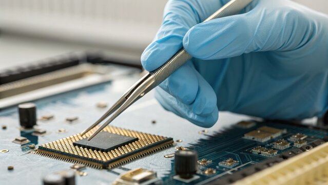 A gloved hand uses tweezers to place or repair a microchip on a circuit board in a close-up view of electronic assembly.
